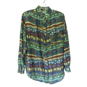 Vintage Peaches & Smith Silk Shirt Women's LARGE Boho Geo Print Button LS Top